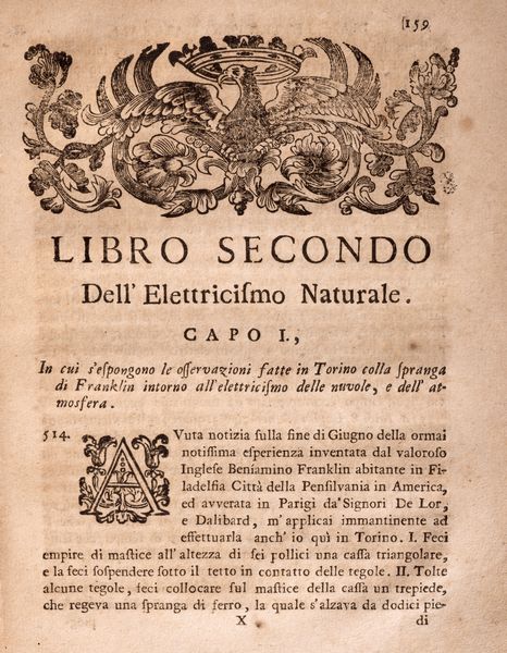 Beccaria, Giambattista : Dell'elettricismo artificiale e naturale. Libri due  - Asta Libri, Autografi e Stampe - Associazione Nazionale - Case d'Asta italiane