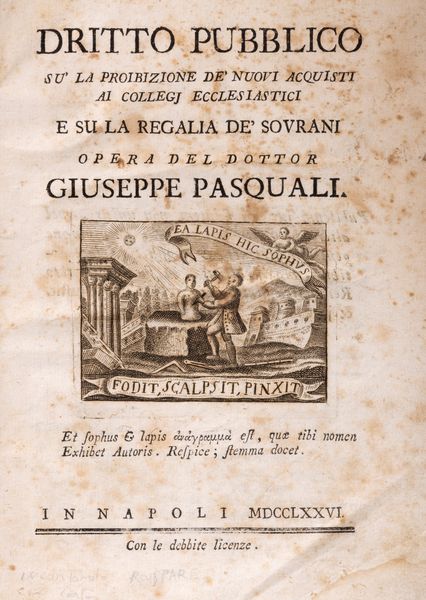 Giuseppe Pasquali : Diritto pubblico su la proibizione de' nuovi acquisti ai collegj ecclesiastici e su la regalia de' Sovrani  - Asta Libri, Autografi e Stampe - Associazione Nazionale - Case d'Asta italiane