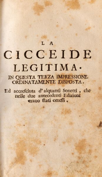 Nicolò Lombardi : La ciucceide, o puro la reggia de li ciucce conzarvata. Poemma arrojeco.  - Asta Libri, Autografi e Stampe - Associazione Nazionale - Case d'Asta italiane