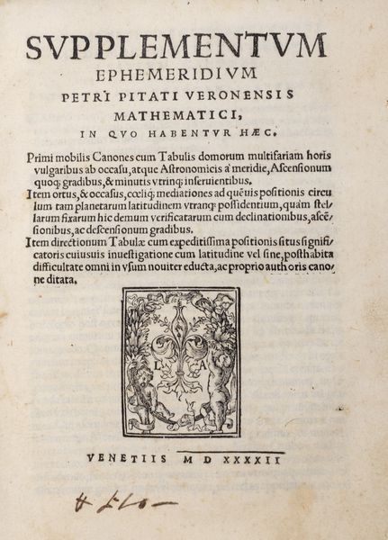 Pitati Pietro : Supplementum ephemeridium petri pitati veronensis mathematici  - Asta Libri, Autografi e Stampe - Associazione Nazionale - Case d'Asta italiane