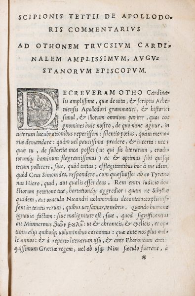 Apollodoro di Atene : Apollodori Atheniensis Bibliotheces, siue de Deorum origine, tam Grc, qum Latin, luculentis pariter, ac doctis annotationibus illustrati, & nunc primum in lucem editi libri tres  - Asta Libri, Autografi e Stampe - Associazione Nazionale - Case d'Asta italiane