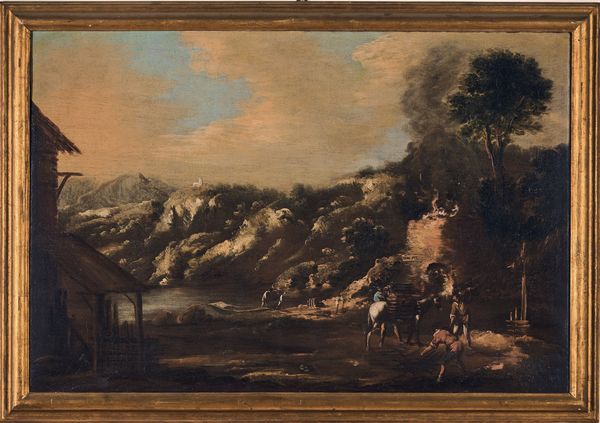 Scuola del XVIII secolo Paesaggi con contadini e pescatori  - Asta Old Masters - Associazione Nazionale - Case d'Asta italiane