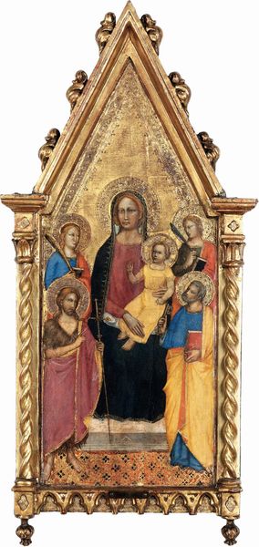 Maestro della Madonna della Misericordia (attivo a Firenze tra il 1360 e il 1390) Madonna in trono col Bambino tra due Santi Martiri e i Santi Giovanni Battista e Pietro  - Asta Old Masters - Associazione Nazionale - Case d'Asta italiane