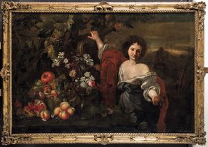 Abraham Brueghel : Figure femminili con composizioni di fiori e frutti  - Asta Old Masters - Associazione Nazionale - Case d'Asta italiane