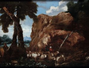 Giovanni Benedetto Castiglione detto il Grechetto, Ambito di - Paesaggio con pastore e armenti