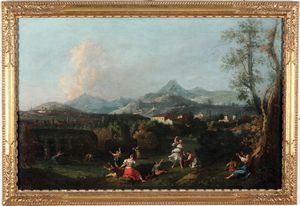 Scuola veneta del XVIII secolo Paesaggio con contadini e montagne sullo sfondo  - Asta Old Masters - Associazione Nazionale - Case d'Asta italiane