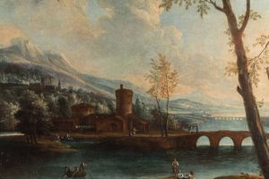 Scuola italiana del XVIII secolo Veduta con figure varie e case sullo sfondo con ponte sul fiume  - Asta Old Masters - Associazione Nazionale - Case d'Asta italiane