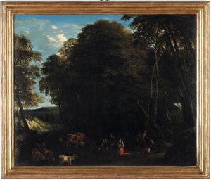 Jan-Baptist Huysmans : Paesaggio boschivo con pastori e armenti  - Asta Old Masters - Associazione Nazionale - Case d'Asta italiane