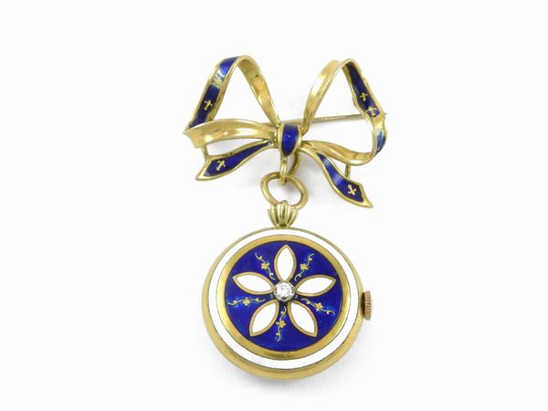 Spilla orologio in oro giallo con diamante e smalti blu-bianchi  - Asta Gioielli e Orologi - Associazione Nazionale - Case d'Asta italiane