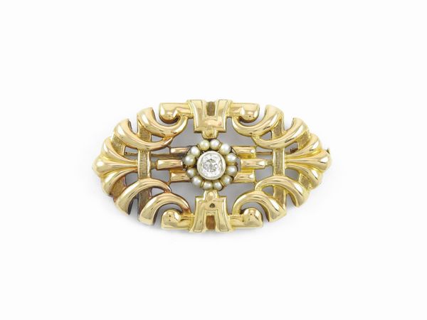 Spilla in oro giallo con diamante e perle  - Asta Gioielli e Orologi - Associazione Nazionale - Case d'Asta italiane