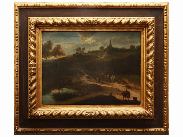 Scuola veneta del XVIII secolo : Paesaggio con viandanti  - Asta Una casa al Ponte Vecchio - Associazione Nazionale - Case d'Asta italiane