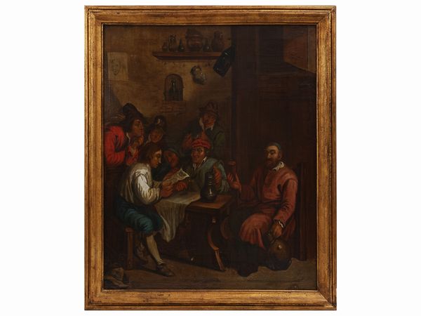 Seguace di David Teniers il Giovane : Interno di taverna con contadini che bevono e leggono una lettera  - Asta Una casa al Ponte Vecchio - Associazione Nazionale - Case d'Asta italiane