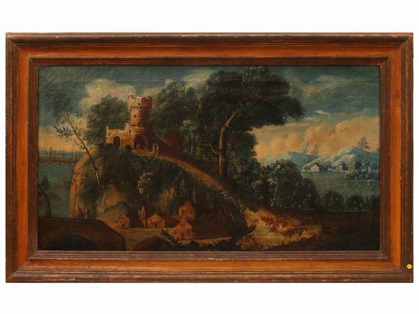 Cerchia di Paul Bril : Paesaggio  - Asta Una casa al Ponte Vecchio - Associazione Nazionale - Case d'Asta italiane