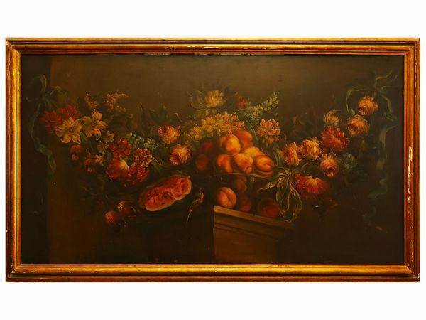 Maniera di Abraham Brueghel, : Ghirlanda di fiori e frutta su un pilastro  - Asta Una casa al Ponte Vecchio - Associazione Nazionale - Case d'Asta italiane