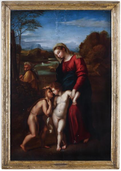 Raffaello Sanzio, copia da : Sacra Famiglia con San Giovannino (Madonna del paesaggio)  - Asta Dimore italiane - Associazione Nazionale - Case d'Asta italiane