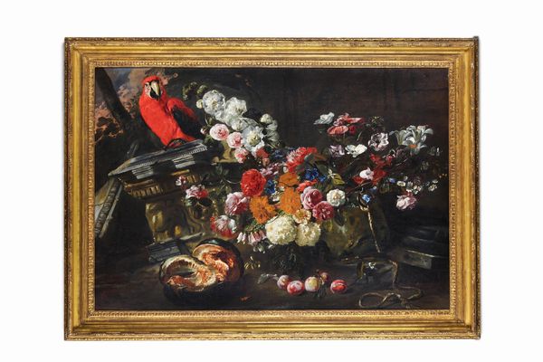 Pieter Boel : Natura morta con fiori e pappagallo  - Asta Dimore italiane - Associazione Nazionale - Case d'Asta italiane