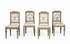 Dodici sedie in legno intagliato laccato e dorato. XIX secolo  - Asta Dimore italiane - Associazione Nazionale - Case d'Asta italiane