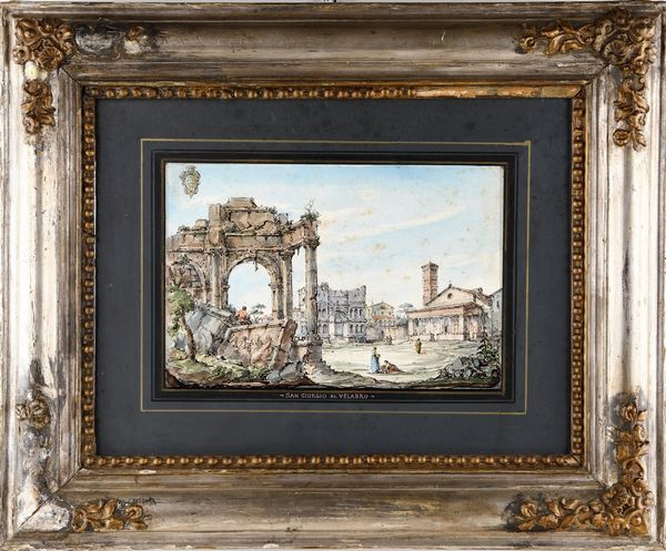 Giuseppe Latini detto Il Maestro del Ricciolo : Capriccio con San Giorgio al Velabro  - Asta  Asta a Tempo - Antiquariato: Arredi, Icone, Dipinti Antichi e del XIX Secolo , Arte Orientale - Associazione Nazionale - Case d'Asta italiane