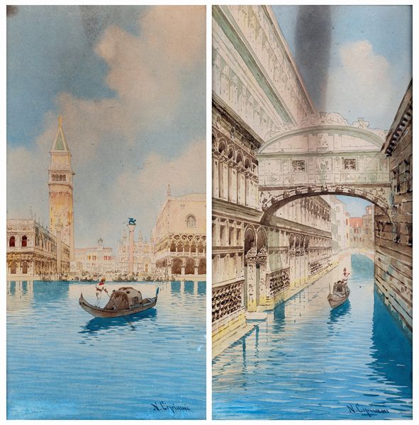 Nazareno Cipriani : a) Gondola sul Canal Grande  b) Ponte dei Sospiri  - Asta  Asta a Tempo - Antiquariato: Arredi, Icone, Dipinti Antichi e del XIX Secolo , Arte Orientale - Associazione Nazionale - Case d'Asta italiane