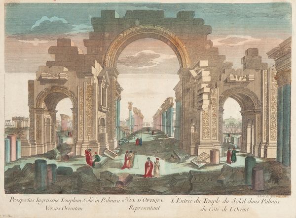 Anonimo del XVIII secolo : Veduta ottica delle rovine dell'arco del colonnato a Palmira sul lato orientale, Parigi, Jean Francois Daumont editore  - Asta  Asta a Tempo - Antiquariato: Arredi, Icone, Dipinti Antichi e del XIX Secolo , Arte Orientale - Associazione Nazionale - Case d'Asta italiane