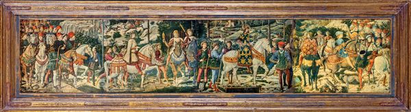 Riproduzione su tavola degli affreschi della cappella dei Magi di Benozzo Gozzoli nel Palazzo Medici Riccardi  - Asta  Asta a Tempo - Antiquariato: Arredi, Icone, Dipinti Antichi e del XIX Secolo , Arte Orientale - Associazione Nazionale - Case d'Asta italiane