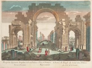 Anonimo del XVIII secolo - Veduta ottica delle rovine dell'arco del colonnato a Palmira sul lato orientale, Parigi, Jean Francois Daumont editore