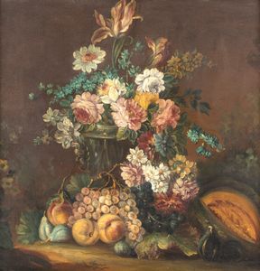 PITTORE DEL XIX SECOLO : Natura morta di fiori e frutta  - Asta  Asta a Tempo - Antiquariato: Arredi, Icone, Dipinti Antichi e del XIX Secolo , Arte Orientale - Associazione Nazionale - Case d'Asta italiane