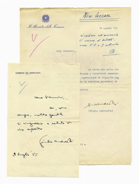 GIULIO ANDREOTTI : 3 lettere (1 autografa e 2 dattiloscritte con firma autografa).  - Asta Autografi e Manoscritti | ASTA A TEMPO - PARTE I  - Associazione Nazionale - Case d'Asta italiane