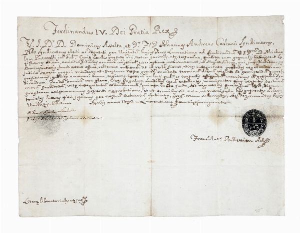 FERDINANDO IV - RE DELLE DUE SICILIE : Privilegio notarile pergamenaceo con firma a timbro.  - Asta Autografi e Manoscritti | ASTA A TEMPO - PARTE I  - Associazione Nazionale - Case d'Asta italiane