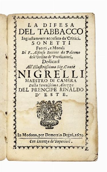 ALFONSO BOCCONE : La difesa del tabbacco ingiustamente accusato da' critici.  - Asta Libri a stampa dal XVI al XX secolo | ASTA A TEMPO - PARTE II  - Associazione Nazionale - Case d'Asta italiane