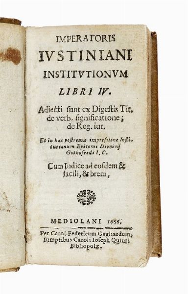 JUSTINIANUS : Institutionum libri IV.  - Asta Libri a stampa dal XVI al XX secolo | ASTA A TEMPO - PARTE II  - Associazione Nazionale - Case d'Asta italiane