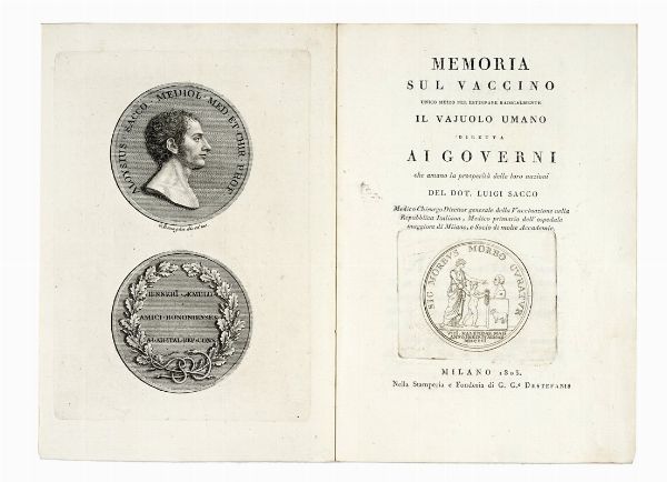 Luigi Sacco : Memoria sul vaccino unico mezzo per estirpare radicalmente il vajuolo umano.  - Asta Libri a stampa dal XVI al XX secolo | ASTA A TEMPO - PARTE II  - Associazione Nazionale - Case d'Asta italiane