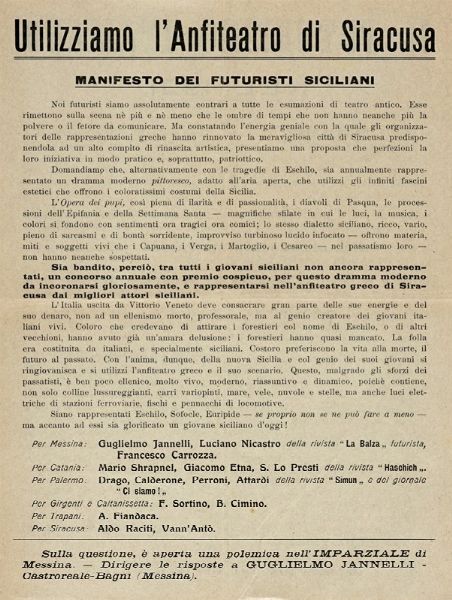 Utilizziamo l'anfiteatro di Siracusa. Manifesto dei futuristi siciliani.  - Asta Libri a stampa dal XVI al XX secolo | ASTA A TEMPO - PARTE II  - Associazione Nazionale - Case d'Asta italiane