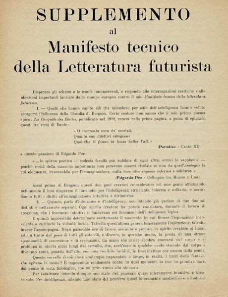 Filippo Tommaso Marinetti : Supplemento al Manifesto tecnico della Letteratura futurista.  - Asta Libri a stampa dal XVI al XX secolo | ASTA A TEMPO - PARTE II  - Associazione Nazionale - Case d'Asta italiane