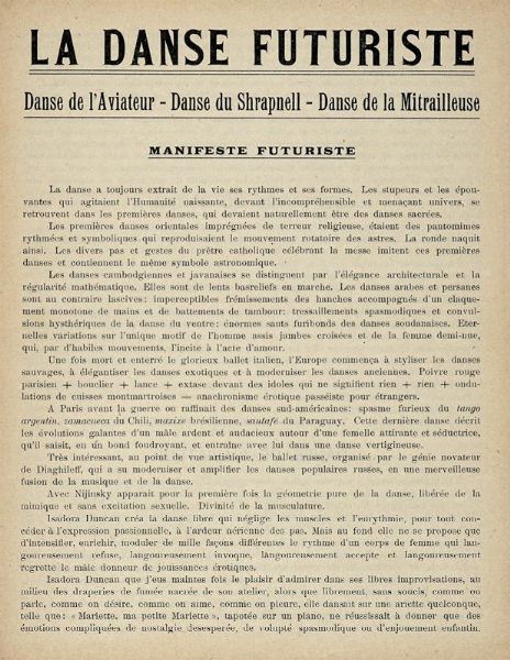 Filippo Tommaso Marinetti : La danse futuriste. Danse de l'aviateur. Danse du schrapnell. Danse de la mitrailleuse. Manifeste Futuriste.  - Asta Libri a stampa dal XVI al XX secolo | ASTA A TEMPO - PARTE II  - Associazione Nazionale - Case d'Asta italiane