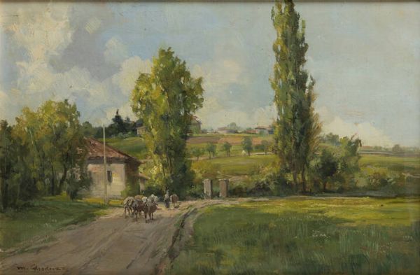 MARIO GHEDUZZI Crespellano (BO) 1891 - 1970 Torino : Paesaggio con armenti e contadina  - Asta Asta di Dipinti - Associazione Nazionale - Case d'Asta italiane