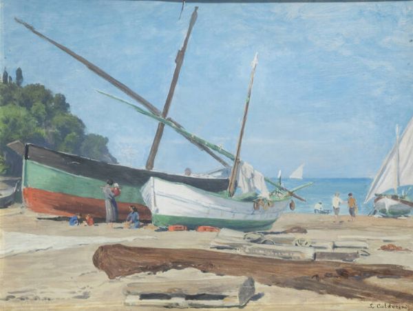 LUIGI CALDERINI Torino 1880 - 1973 : Sulla spiaggia di Sestri 1925  - Asta Asta di Dipinti - Associazione Nazionale - Case d'Asta italiane