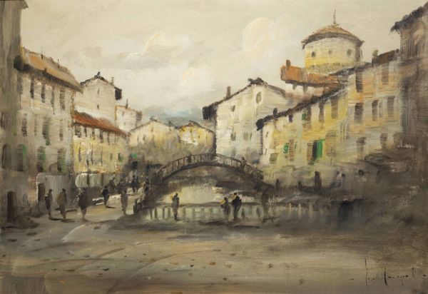 LUCIO CARGNEL Treviso 1903 -1998 Milano : I navigli a Milano  - Asta Asta di Dipinti - Associazione Nazionale - Case d'Asta italiane