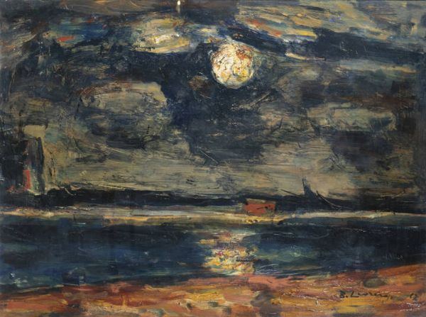 BEPPE LEVRERO Voltri (GE) 1901 - 1986 Novi Ligure (AL) : La luna sul molo Camogli 1967  - Asta Asta di Dipinti - Associazione Nazionale - Case d'Asta italiane