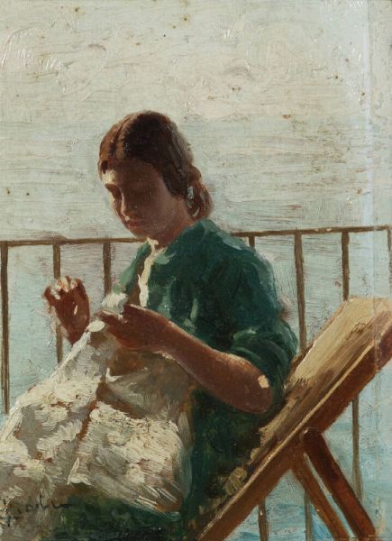 GIOLI LUIGI (attribuito a) San Frediano a Settimo (PI) 1854 - 1947 Firenze : Donna che cuce  - Asta Asta di Dipinti - Associazione Nazionale - Case d'Asta italiane