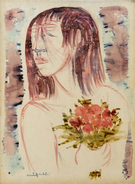 GIUSEPPE MIGNECO Messina 1908 - 1997 Milano : Ragazza con fiori 1967  - Asta Asta di Dipinti - Associazione Nazionale - Case d'Asta italiane