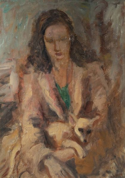 RICCARDO CHICCO Torino 1910 - 1973 : Signora con cagnolino in braccio  - Asta Asta di Dipinti - Associazione Nazionale - Case d'Asta italiane