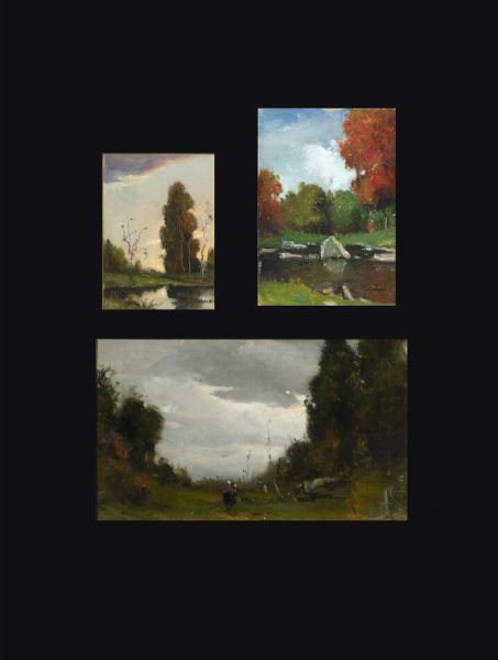 GIOVANNI COLMO Torino 1867 - 1947 : Lotto di tre dipinti: a - Paesaggio con figure b - Paesaggio con stagno C) Paesaggio con albero e laghetto  - Asta Asta di Dipinti - Associazione Nazionale - Case d'Asta italiane