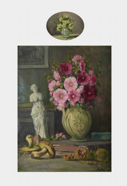 MARIO GACHET Torino 1879 - 1981 : Lotto di due dipinti a - Natura morta con fiori  scultura e funghi b - Vaso di fiori  - Asta Asta di Dipinti - Associazione Nazionale - Case d'Asta italiane