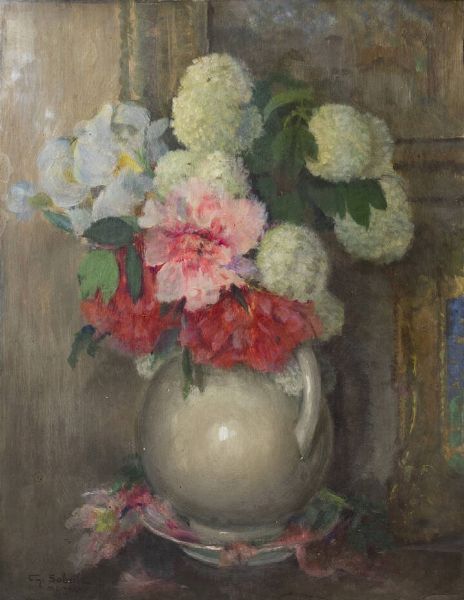 GIUSEPPE SOBRILE Torino 1879 - 1956 Forno Alpi Graie (TO) : Vaso di fiori 1948  - Asta Asta di Dipinti - Associazione Nazionale - Case d'Asta italiane