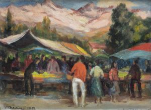 FELICE VELLAN Torino 1889 - 1976 - Mercato a Bardonecchia 1971