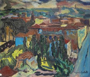 EDGARDO CORBELLI Torino 1918 - 1989 - Veduta di citt dall'alto