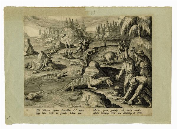 JAN VAN DER STRAET (DETTO STRADANO) : Cinque tavole da Venationes Ferarum, Avium, Piscium. Pugnae Bestiariorum: & mutuae Bestiarum,...  - Asta Arte antica, Orientalia e Cartografia | ASTA A TEMPO - PARTE I - Associazione Nazionale - Case d'Asta italiane