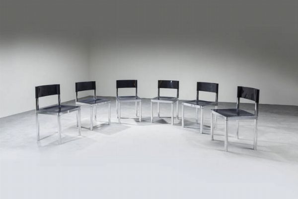 GIOVANNI SALVARANI : Sei sedie con struttura in acciaio  seduta e schienale in plastica.  Anni '70 cm 77x43 5x43 5  Difetti  - Asta Asta di Design - Associazione Nazionale - Case d'Asta italiane