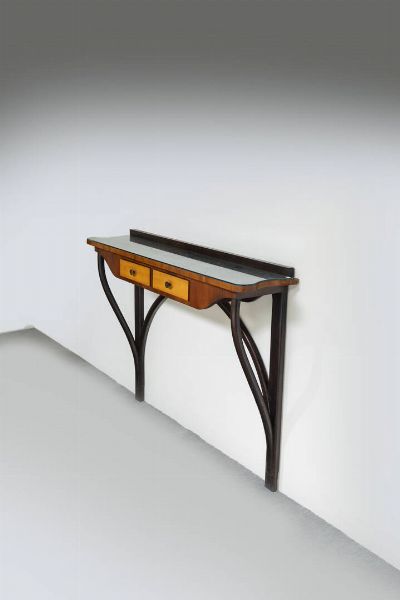 PRODUZIONE ITALIANA : Console in legno con piano in vetro.   Anni '60 cm 92x120x26 5  Difetti  - Asta Asta di Design - Associazione Nazionale - Case d'Asta italiane